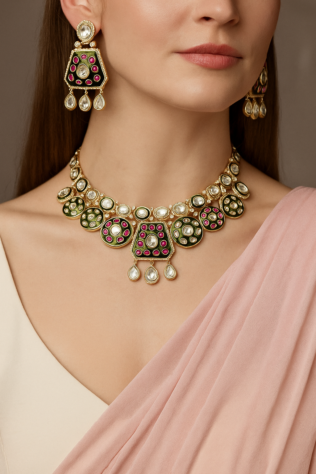 Royal Green & Ruby Kundan Choker Necklace Set with Earrings – Gold Finish